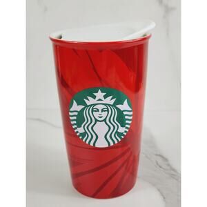 Starbucks Red Tall Travel Coffee Mug Tumbler Holiday 12oz Ceramic 6" Double Wall